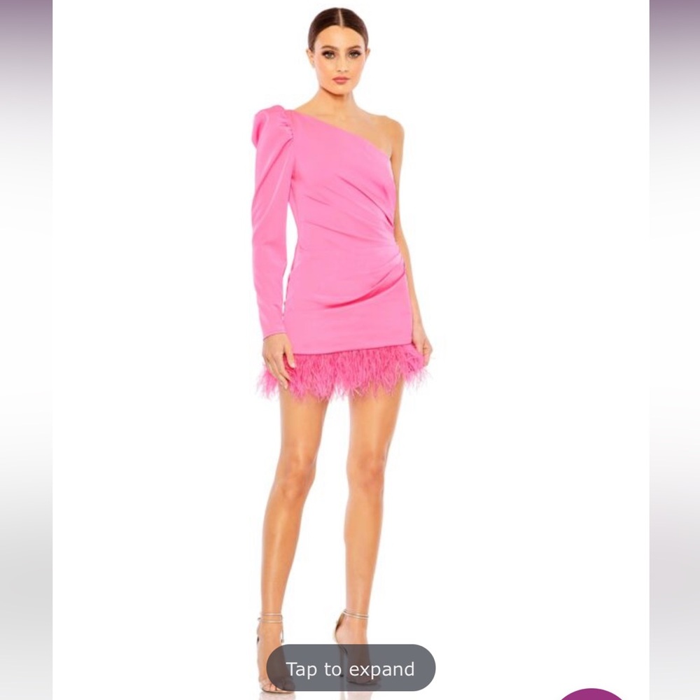 Mac Duggal Pink One Shoulder Feather Hem Mini Dress Size 6 NWT